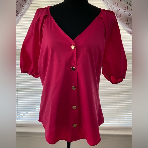 New York & Company Tops - New York & Company - Puff-Sleeve Heart-Button Poplin Top (NWT)